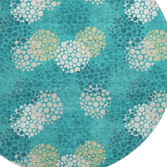 8' Emerald Ivory And Aqua Polka Dot Washable Round Rug With UV Protection Photo 3
