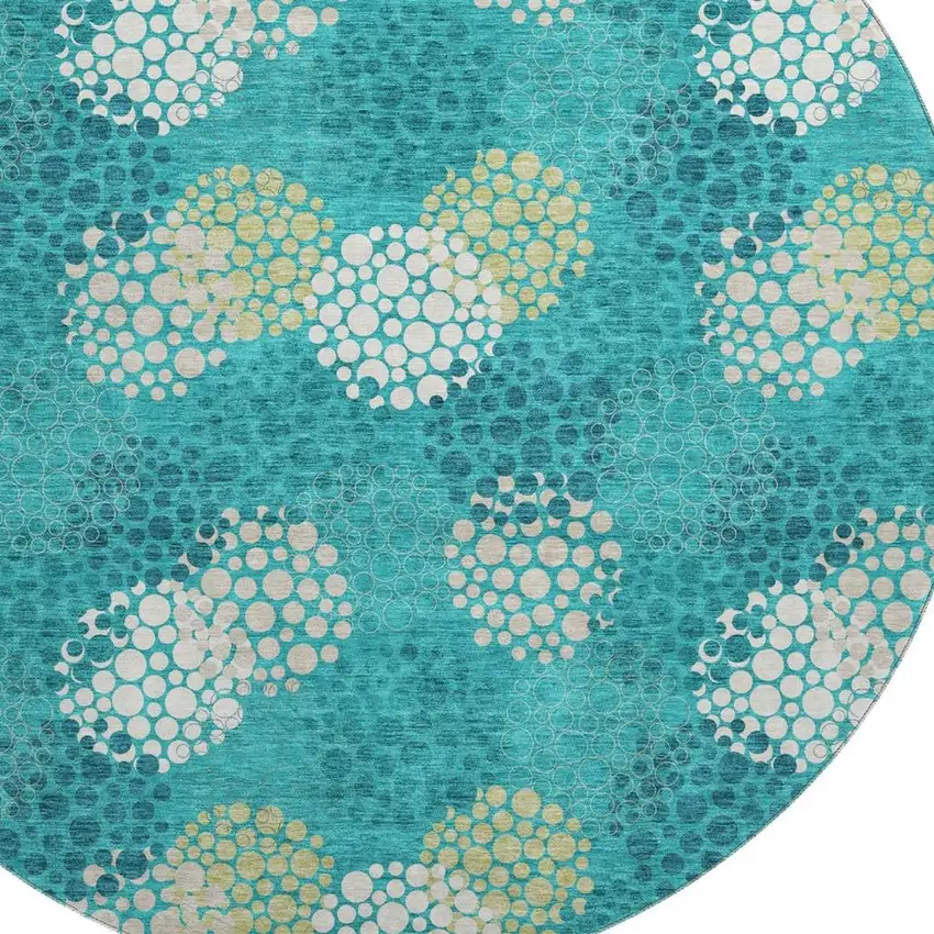 8' Emerald Ivory And Aqua Polka Dot Washable Round Rug With UV Protection Photo 3