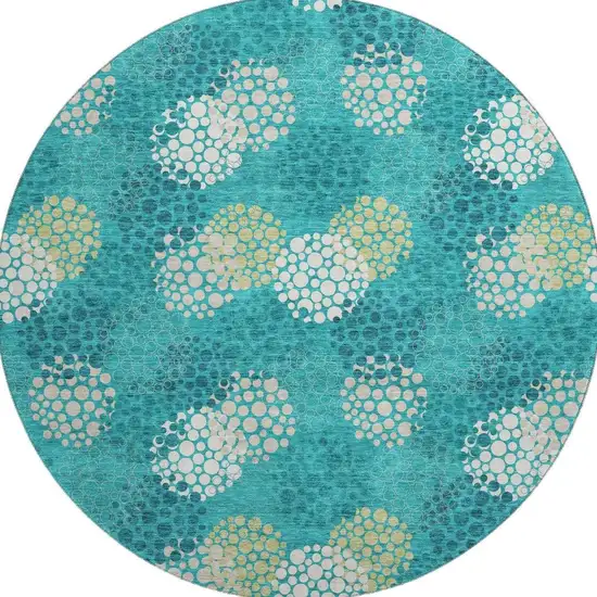 8' Emerald Ivory And Aqua Polka Dot Washable Round Rug With UV Protection Photo 4