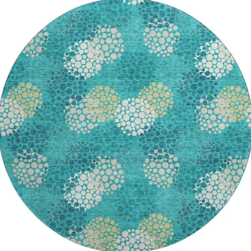 8' Emerald Ivory And Aqua Polka Dot Washable Round Rug With UV Protection Photo 4