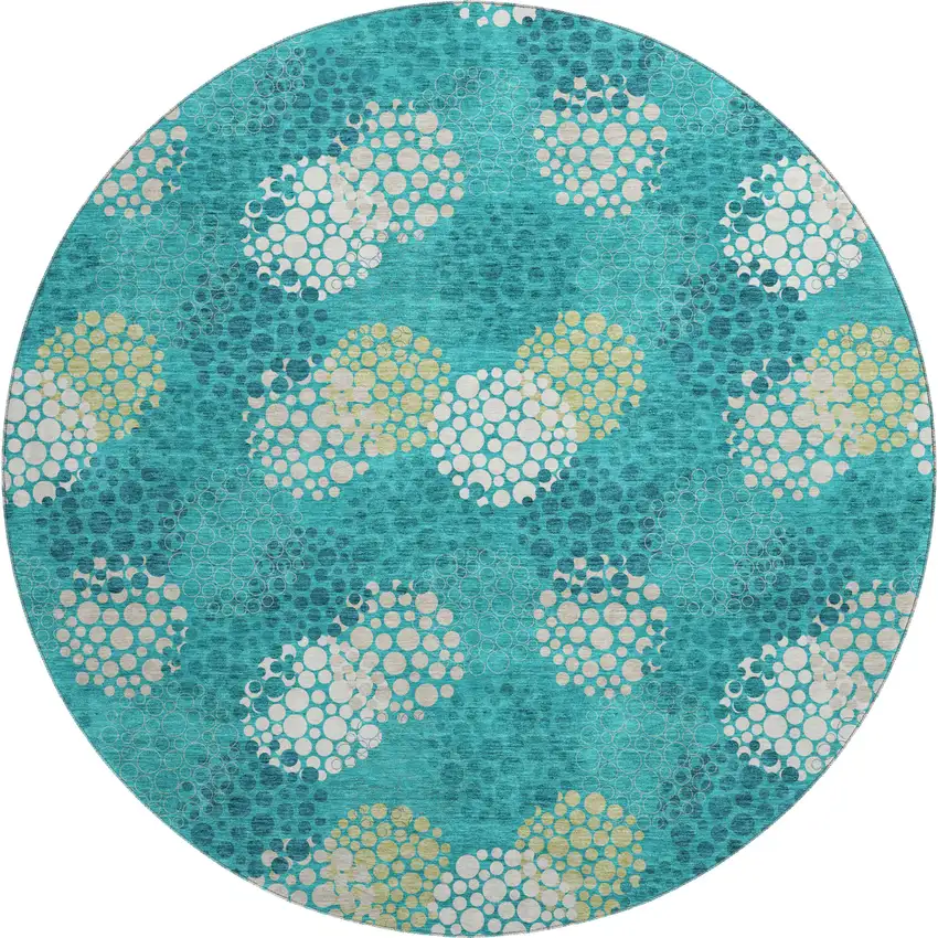 8' Emerald Ivory And Aqua Polka Dot Washable Round Rug With UV Protection Photo 1