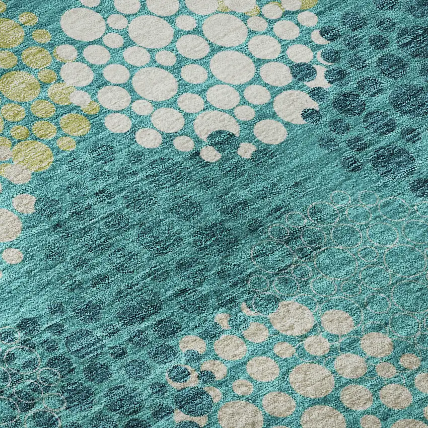 8' Emerald Ivory And Aqua Polka Dot Washable Round Rug With UV Protection Photo 9