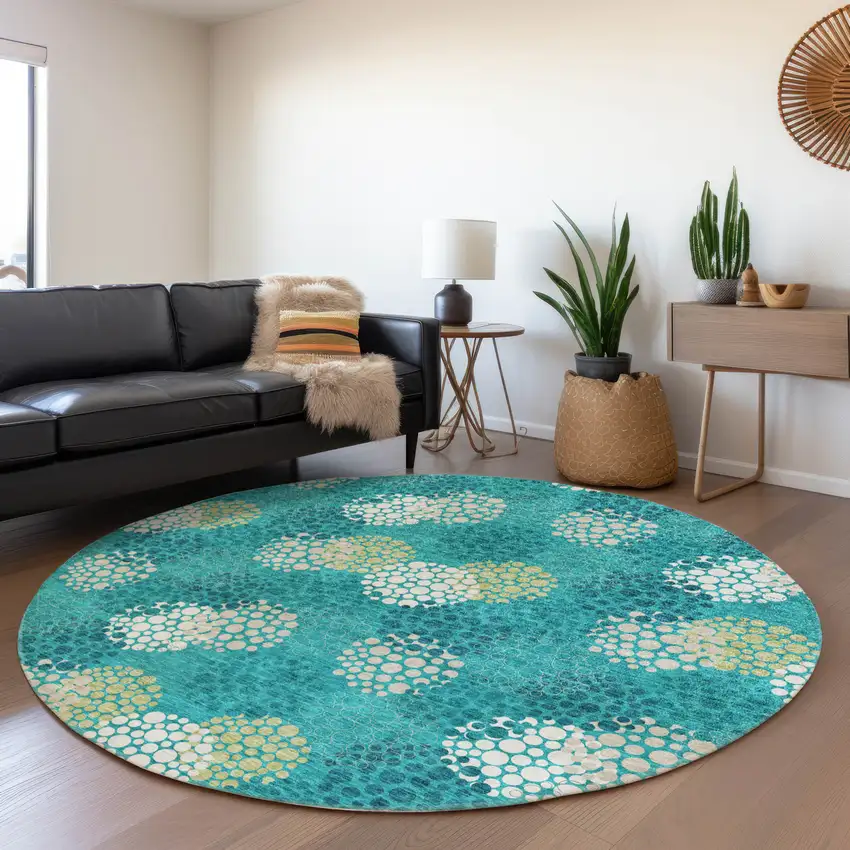8' Emerald Ivory And Aqua Polka Dot Washable Round Rug With UV Protection Photo 5