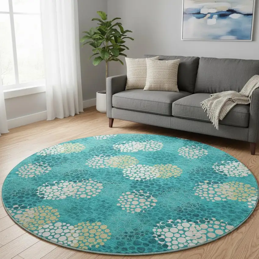 8' Emerald Ivory And Aqua Polka Dot Washable Round Rug With UV Protection Photo 2