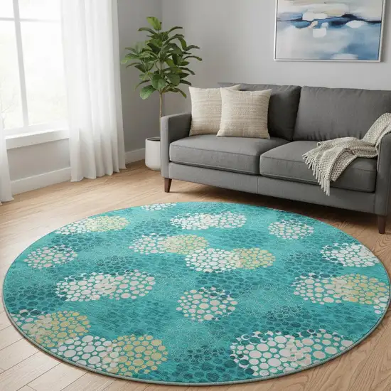8' Emerald Ivory And Aqua Polka Dot Washable Round Rug With UV Protection Photo 2