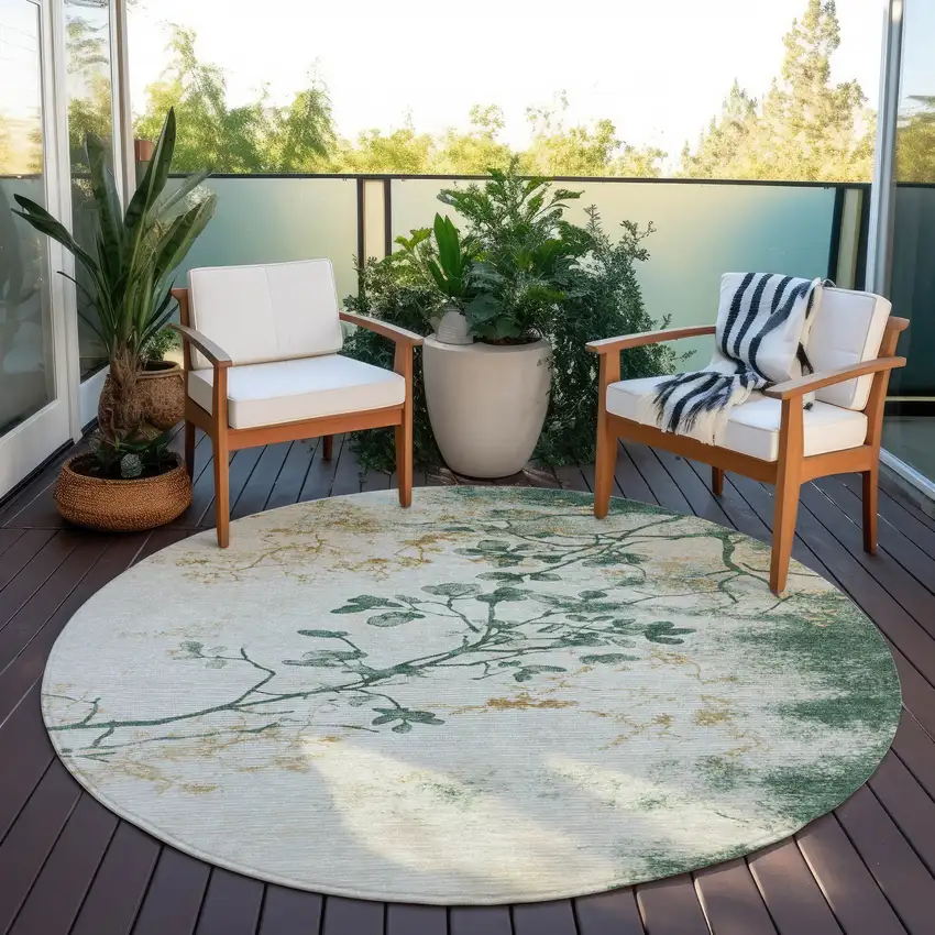 8' Emerald Ivory And Gold Round Floral Washable Indoor Outdoor Area Rug Photo 6