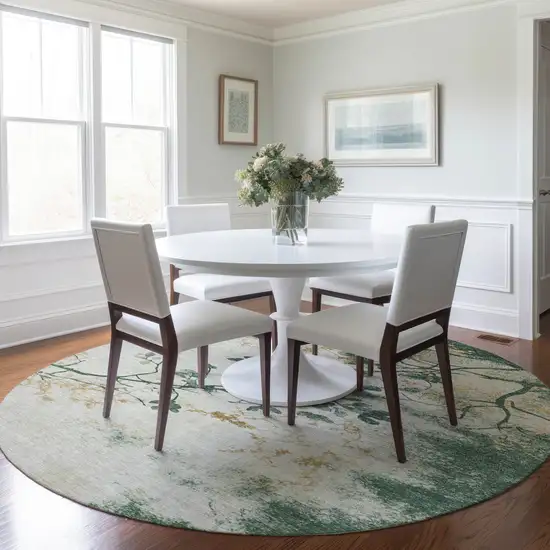 8' Emerald Ivory And Gold Round Floral Washable Indoor Outdoor Area Rug Photo 7