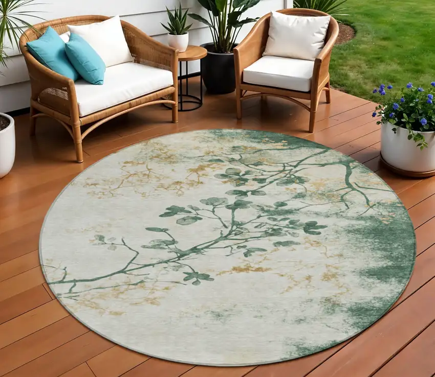 8' Emerald Ivory And Gold Round Floral Washable Indoor Outdoor Area Rug Photo 2