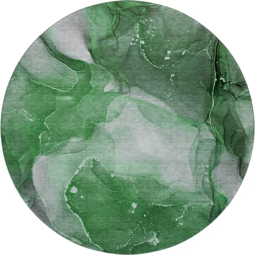 8' Emerald Ivory And Gray Abstract Washable Round Rug With UV Protection Photo 1