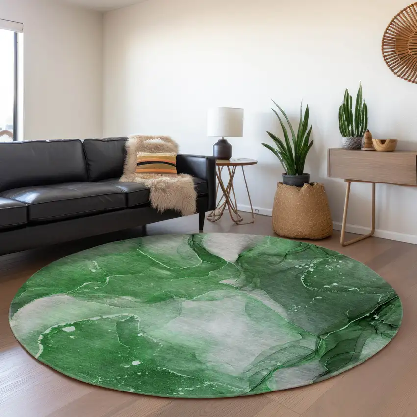 8' Emerald Ivory And Gray Abstract Washable Round Rug With UV Protection Photo 5