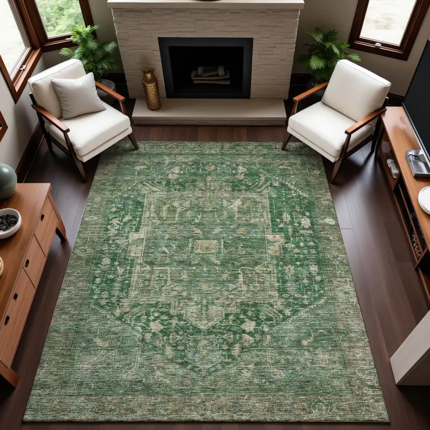 8' Emerald Ivory And Taupe Oriental Washable Area Rug With UV Protection Photo 4