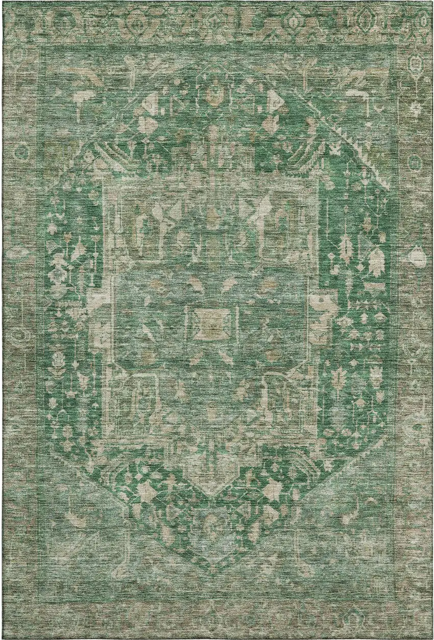 8' Emerald Ivory And Taupe Oriental Washable Area Rug With UV Protection Photo 1