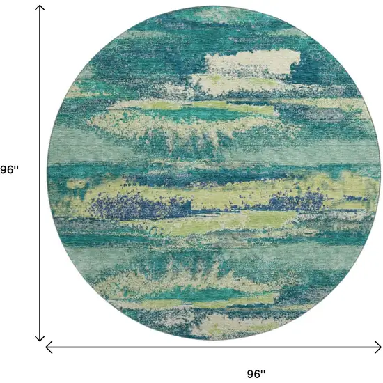 8' Emerald Ivory And Teal Abstract Washable Round Rug With UV Protection Photo 9