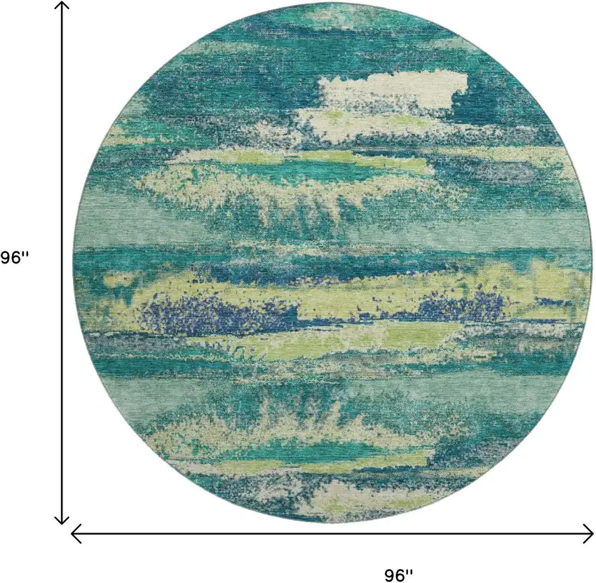 8' Emerald Ivory And Teal Abstract Washable Round Rug With UV Protection Photo 9