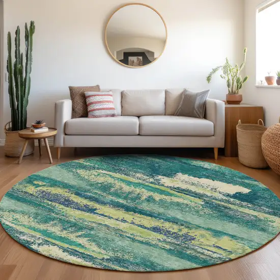 8' Emerald Ivory And Teal Abstract Washable Round Rug With UV Protection Photo 4
