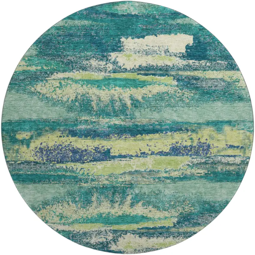 8' Emerald Ivory And Teal Abstract Washable Round Rug With UV Protection Photo 2