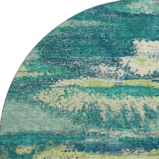 8' Emerald Ivory And Teal Abstract Washable Round Rug With UV Protection Photo 3