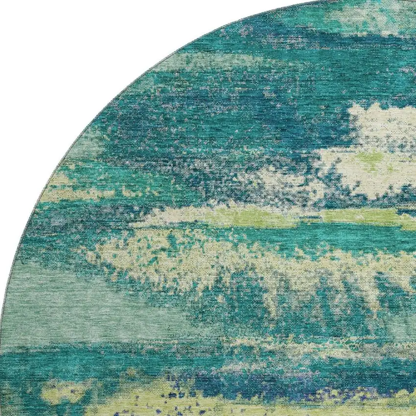8' Emerald Ivory And Teal Abstract Washable Round Rug With UV Protection Photo 3