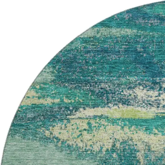 8' Emerald Ivory And Teal Abstract Washable Round Rug With UV Protection Photo 2