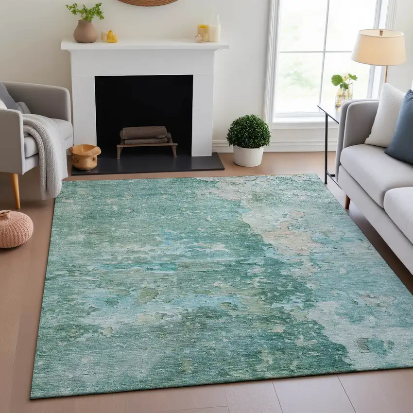 8' Emerald Pale Aqua And Ivory Abstract Washable Area Rug With UV Protection Photo 4