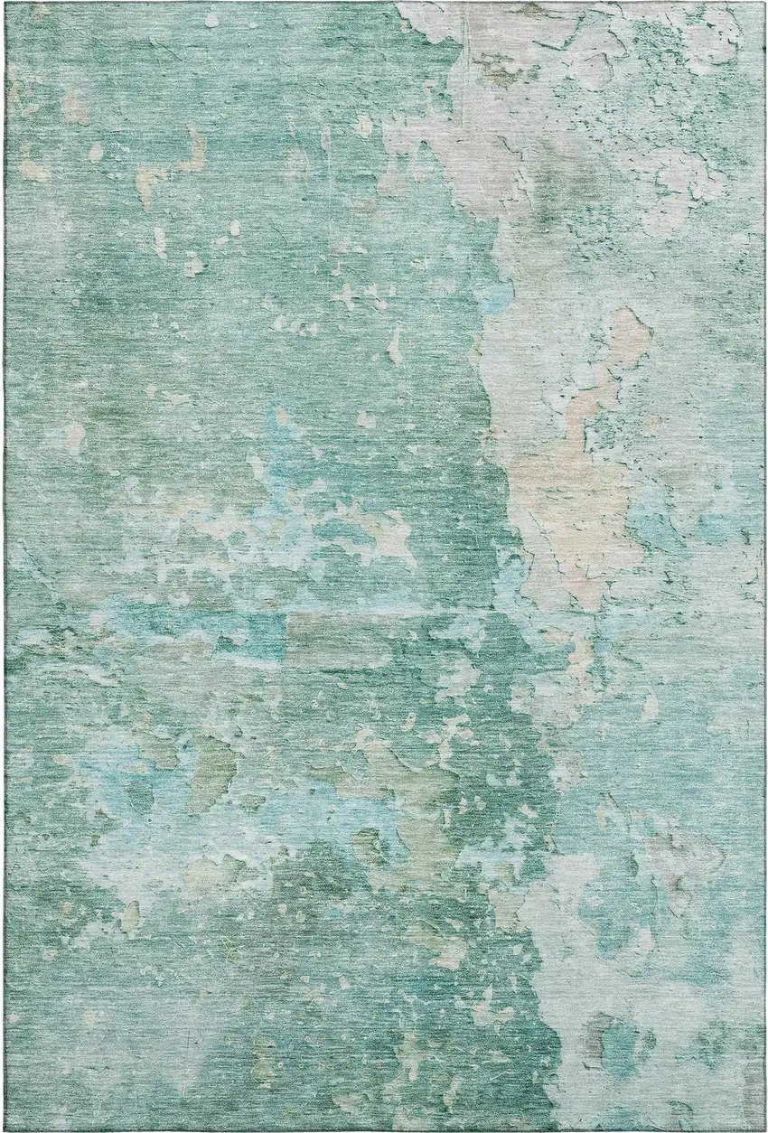 8' Emerald Pale Aqua And Ivory Abstract Washable Area Rug With UV Protection Photo 1