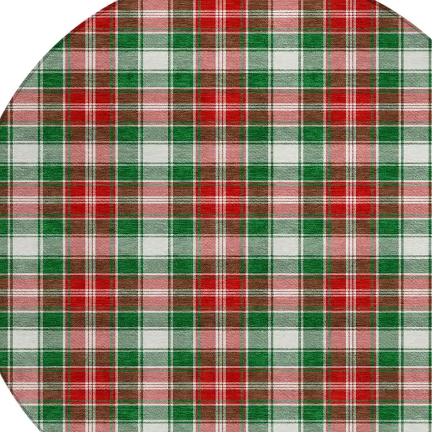 8' Emerald Red And White Round Plaid Washable Indoor Outdoor Area Rug Photo 8