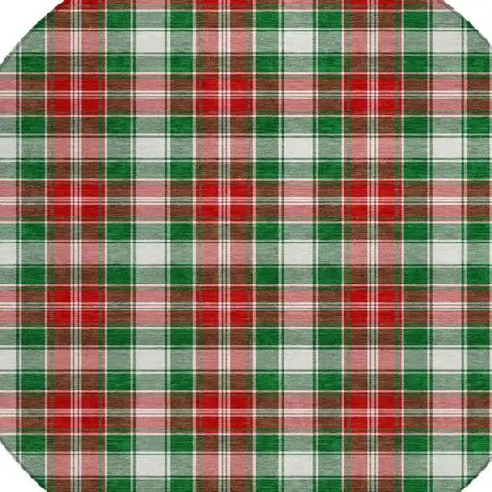 8' Emerald Red And White Round Plaid Washable Indoor Outdoor Area Rug Photo 4