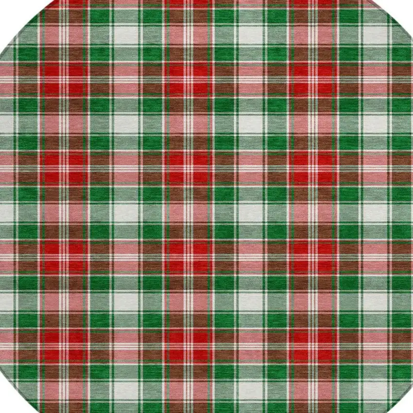 8' Emerald Red And White Round Plaid Washable Indoor Outdoor Area Rug Photo 4