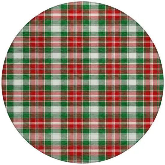 8' Emerald Red And White Round Plaid Washable Indoor Outdoor Area Rug Photo 3
