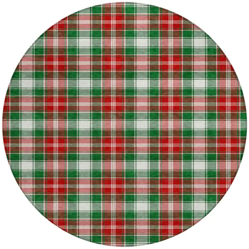 8' Emerald Red And White Round Plaid Washable Indoor Outdoor Area Rug Photo 3