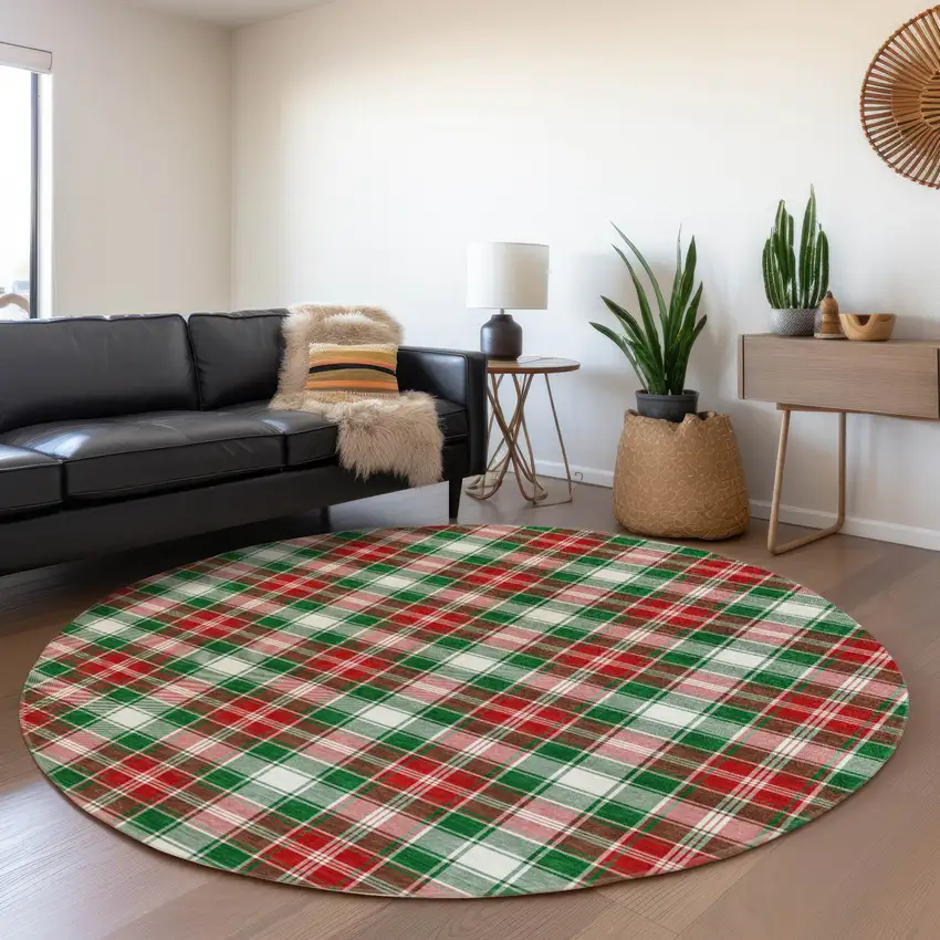 8' Emerald Red And White Round Plaid Washable Indoor Outdoor Area Rug Photo 6