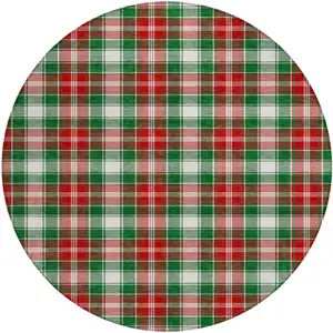 Photo of 8' Emerald Red And White Round Plaid Washable Indoor Outdoor Area Rug