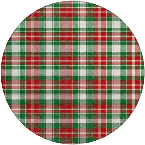 8' Emerald Red And White Round Plaid Washable Indoor Outdoor Area Rug Photo 1