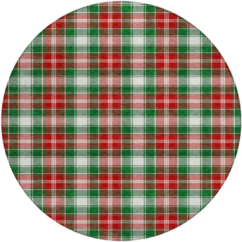 8' Emerald Red And White Round Plaid Washable Indoor Outdoor Area Rug Photo 1