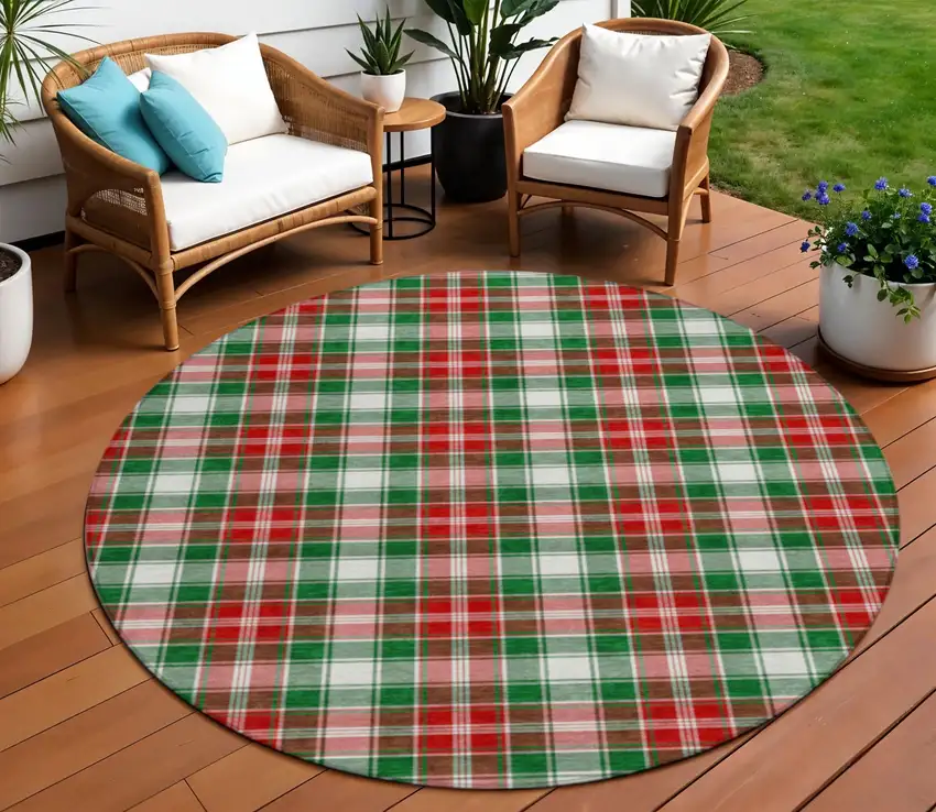 8' Emerald Red And White Round Plaid Washable Indoor Outdoor Area Rug Photo 2