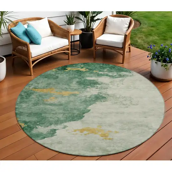 8' Emerald Sage And Ivory Round Abstract Washable Indoor Outdoor Area Rug Photo 2