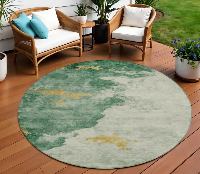 8' Emerald Sage And Ivory Round Abstract Washable Indoor Outdoor Area Rug Photo 2