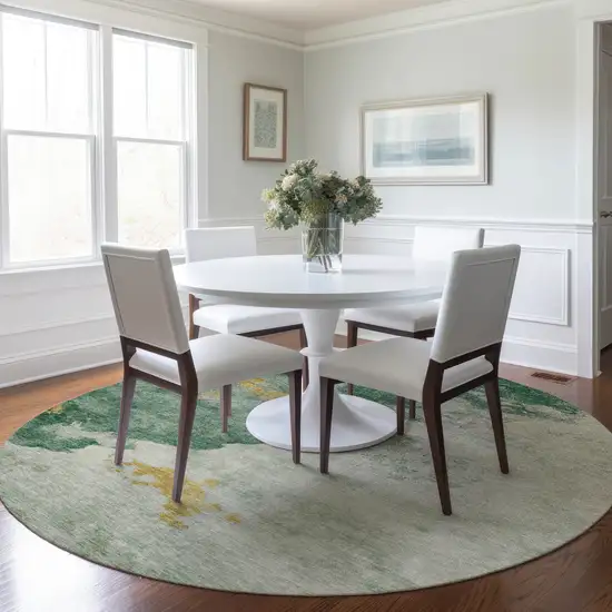 8' Emerald Sage And Ivory Round Abstract Washable Indoor Outdoor Area Rug Photo 6