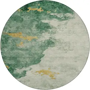 Photo of 8' Emerald Sage And Ivory Round Abstract Washable Indoor Outdoor Area Rug