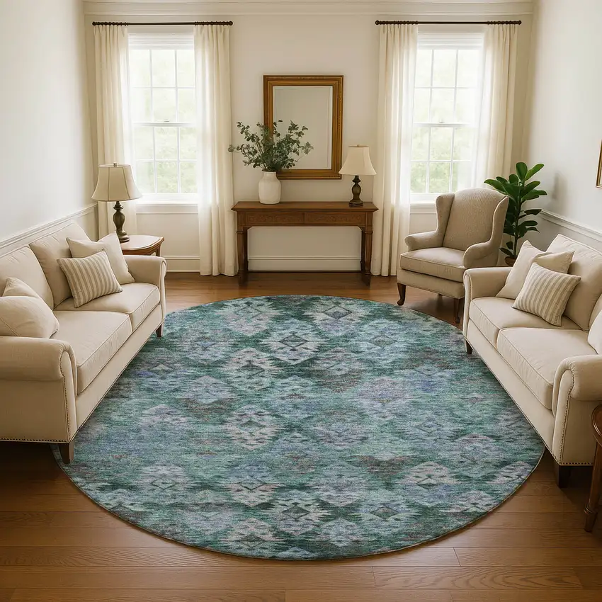 8' Emerald Teal And Gray Ikat Washable Round Rug With UV Protection Photo 4