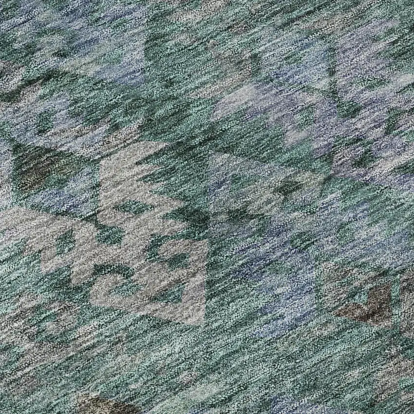 8' Emerald Teal And Gray Ikat Washable Round Rug With UV Protection Photo 8