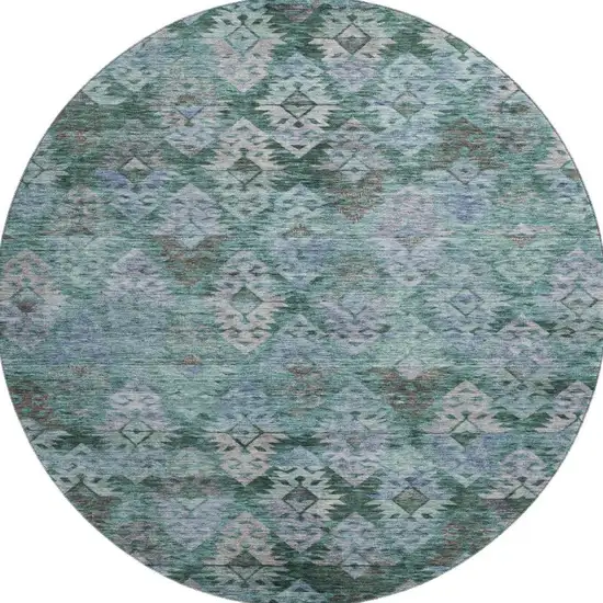 8' Emerald Teal And Gray Ikat Washable Round Rug With UV Protection Photo 3