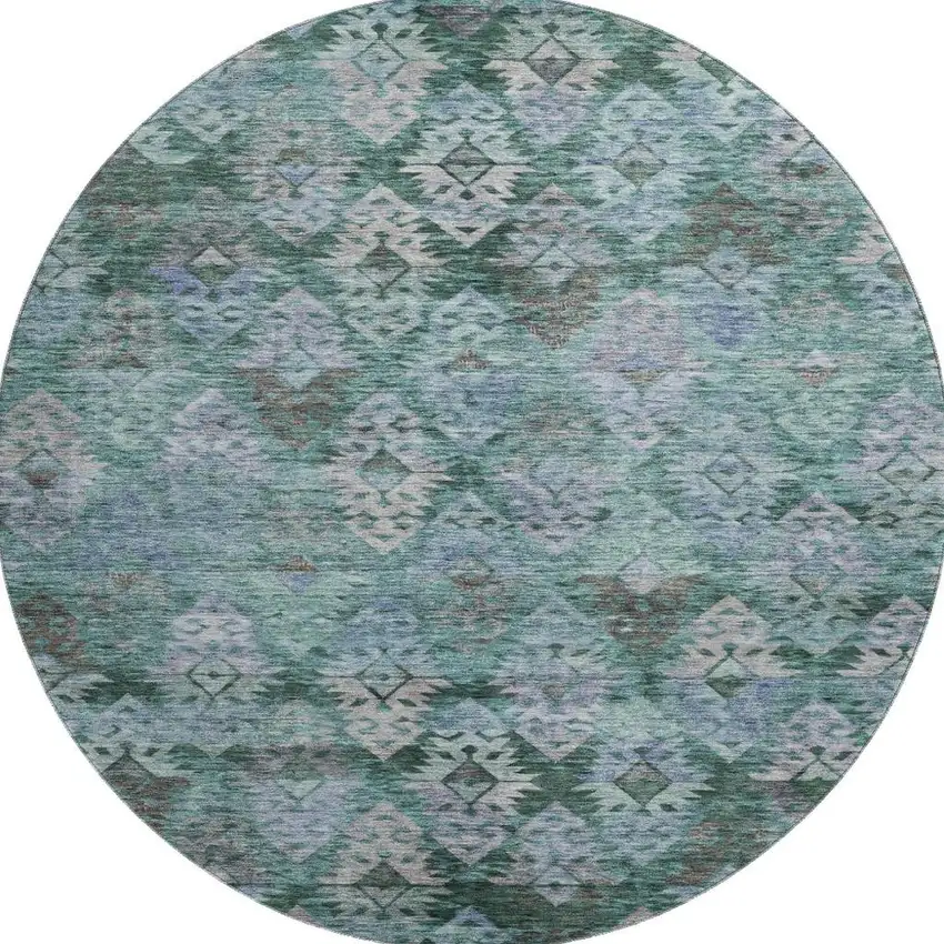 8' Emerald Teal And Gray Ikat Washable Round Rug With UV Protection Photo 3