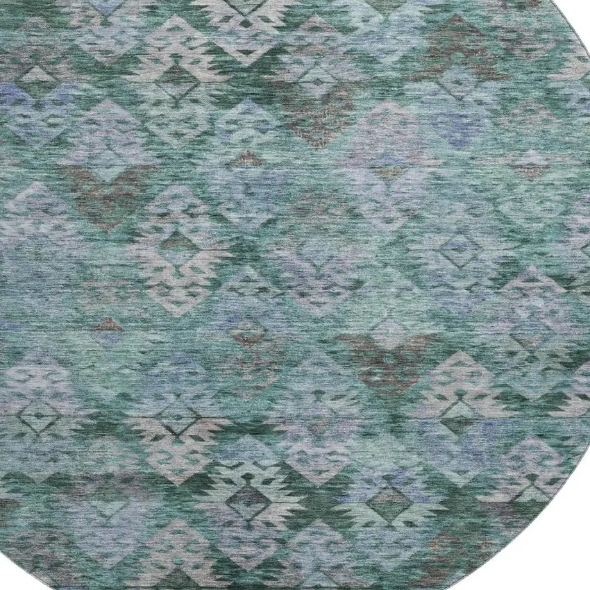 8' Emerald Teal And Gray Ikat Washable Round Rug With UV Protection Photo 2
