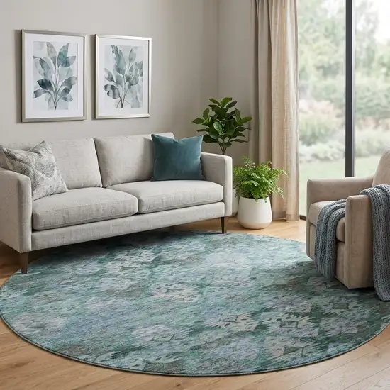 8' Emerald Teal And Gray Ikat Washable Round Rug With UV Protection Photo 1