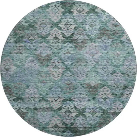 8' Emerald Teal And Gray Ikat Washable Round Rug With UV Protection Photo 1