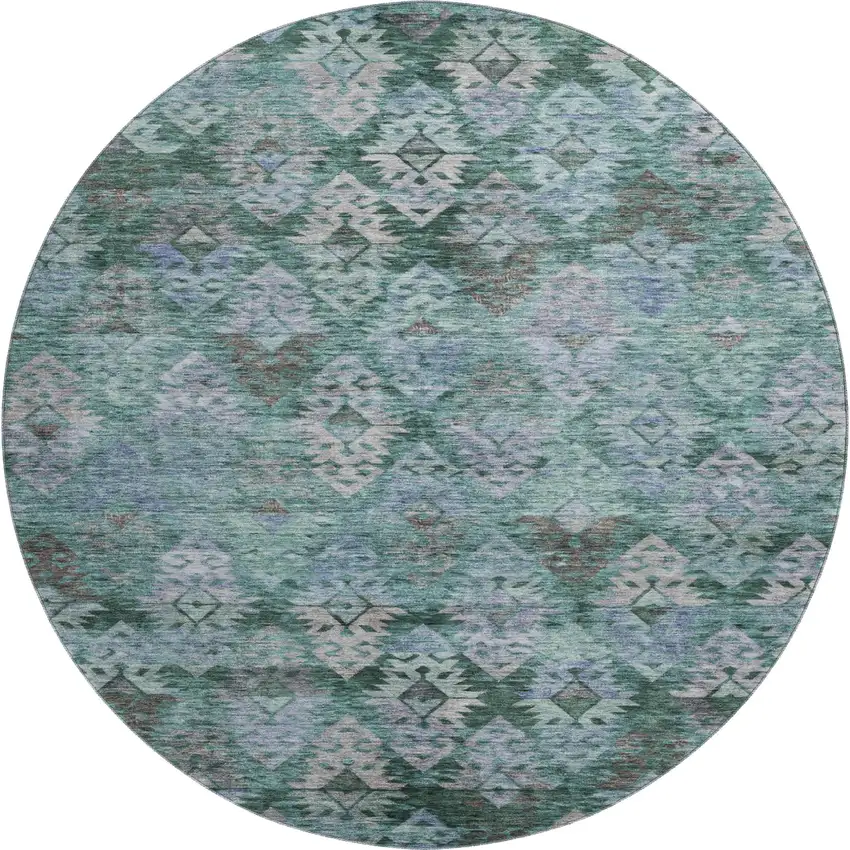 8' Emerald Teal And Gray Ikat Washable Round Rug With UV Protection Photo 1