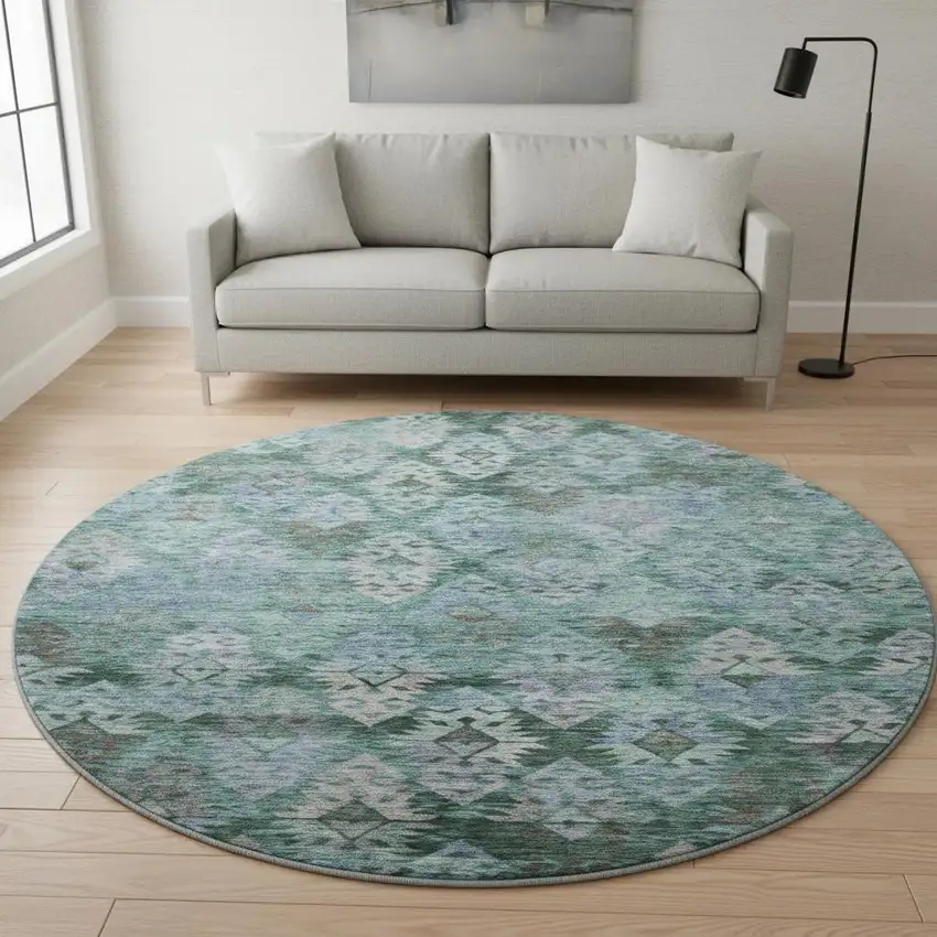8' Emerald Teal And Gray Ikat Washable Round Rug With UV Protection Photo 2