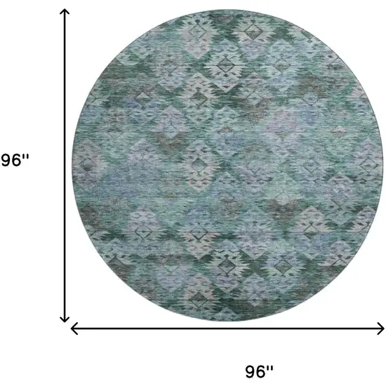 8' Emerald Teal And Gray Ikat Washable Round Rug With UV Protection Photo 9
