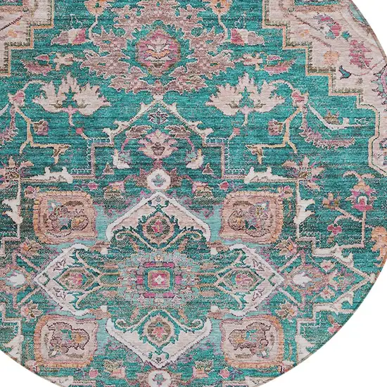 8' Emerald Teal Blue And Beige Round Oriental Washable Indoor Outdoor Area Rug Photo 5
